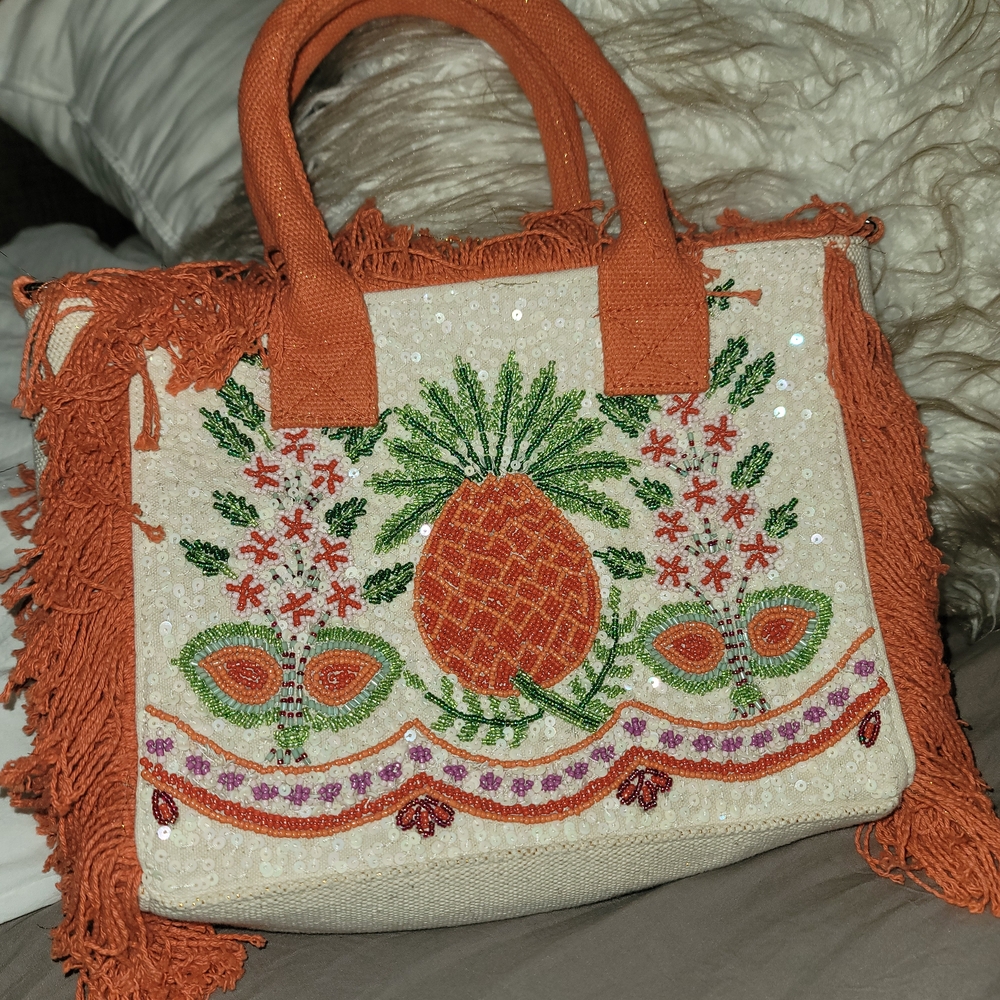 Tropical Embroidered Tote with Orange Accents